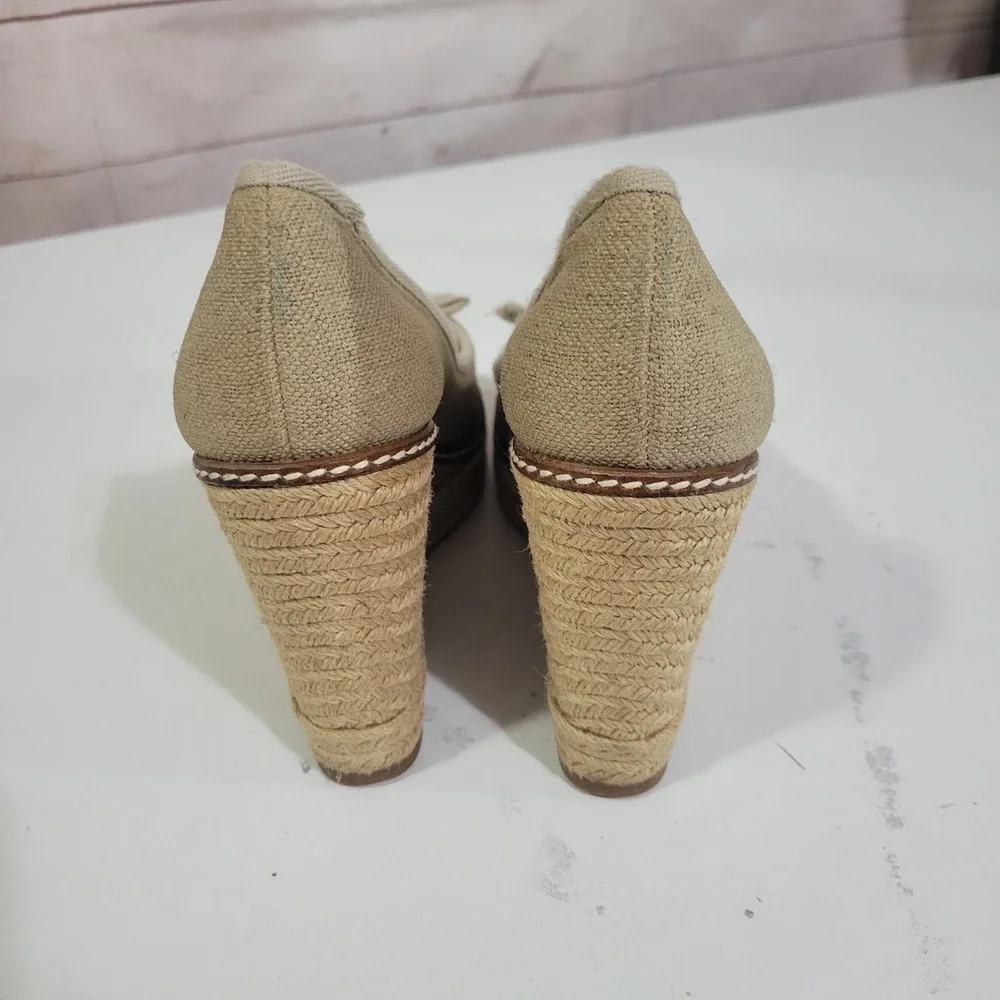Tory Burch Jackie Espadrille Wedges Womens 8.5 B Beige Peep Toe Slip On Canvas